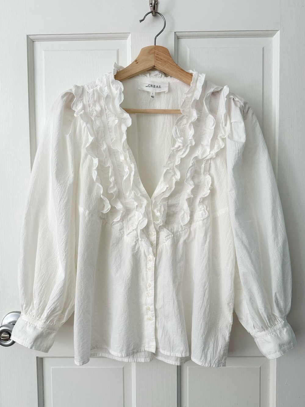 The GREAT. White Ruffle Tuxedo Poet Shirt Puff Sleeve Grosgrain Size 1 Small